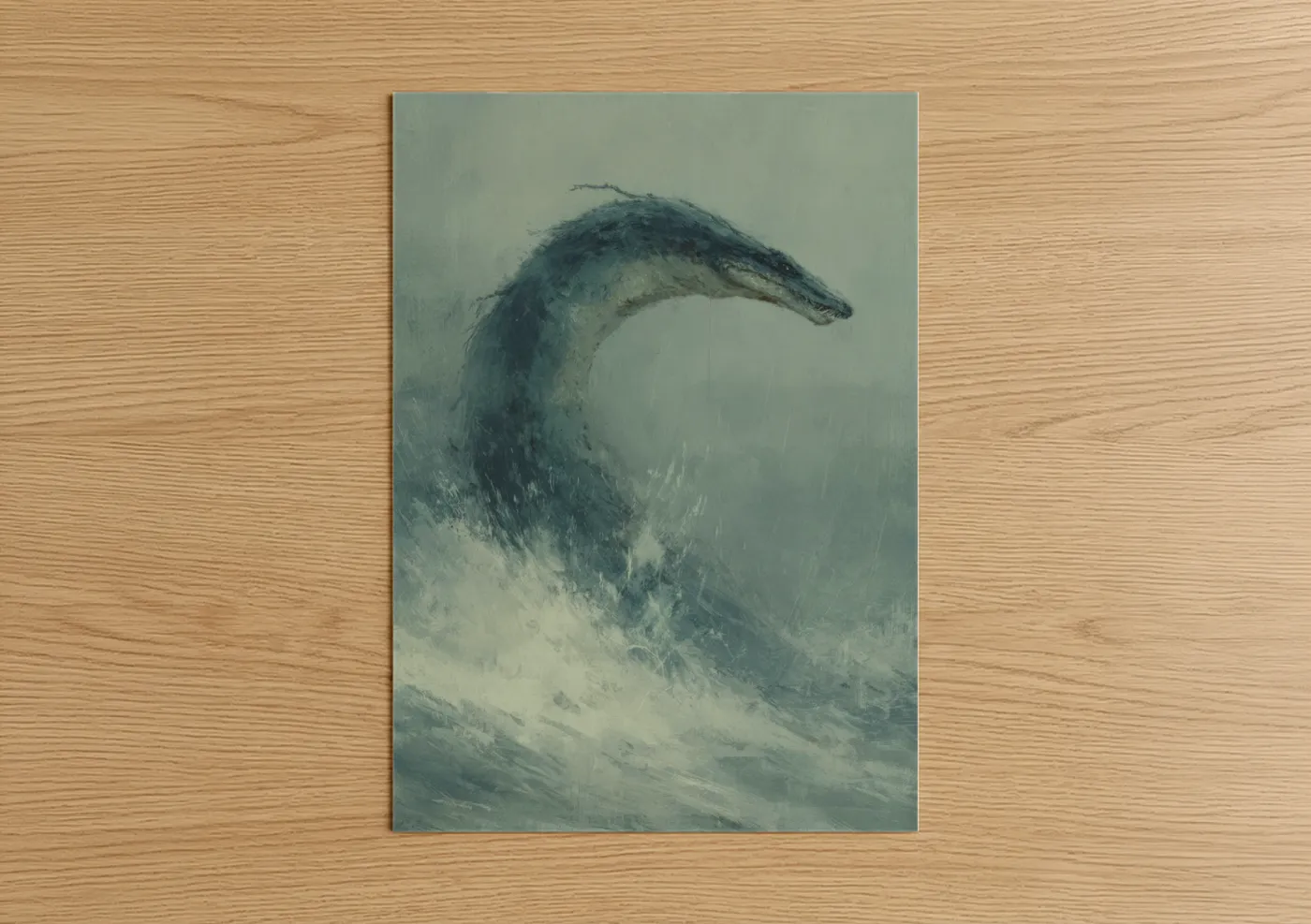 Loch ness monster art print on warm oak wood — gray and blue and white palette — Misty Loch Creature poster