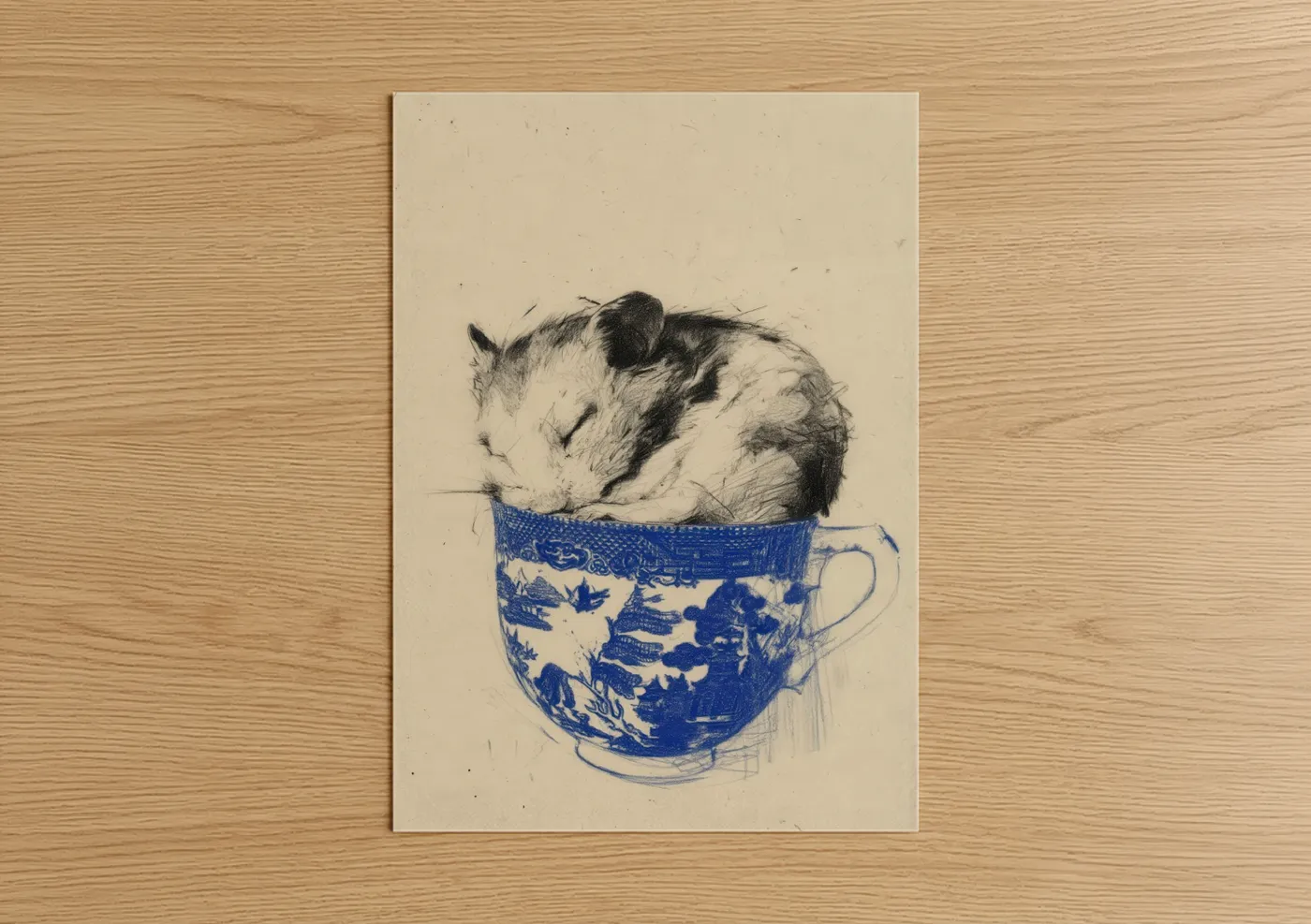 Art print on warm oak wood — blue and cream palette — Teacup Hamster poster