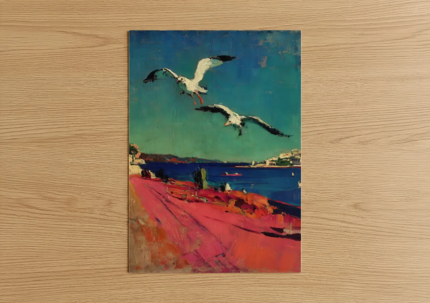 Art print on warm oak wood — teal and gold palette — Coastal Seagulls poster