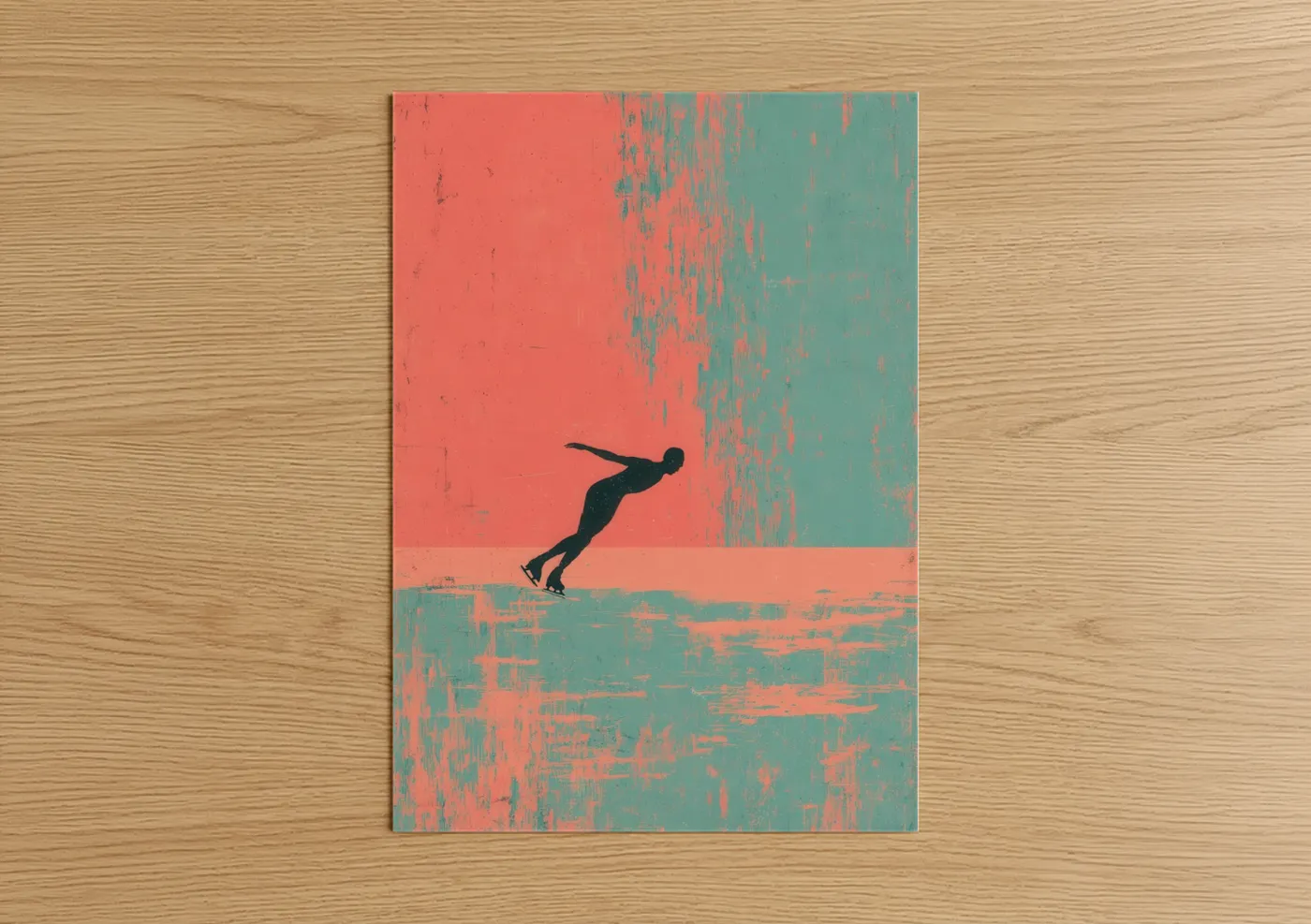 Ice skating art print on warm oak wood — salmon pink and teal palette — Poised Skater poster