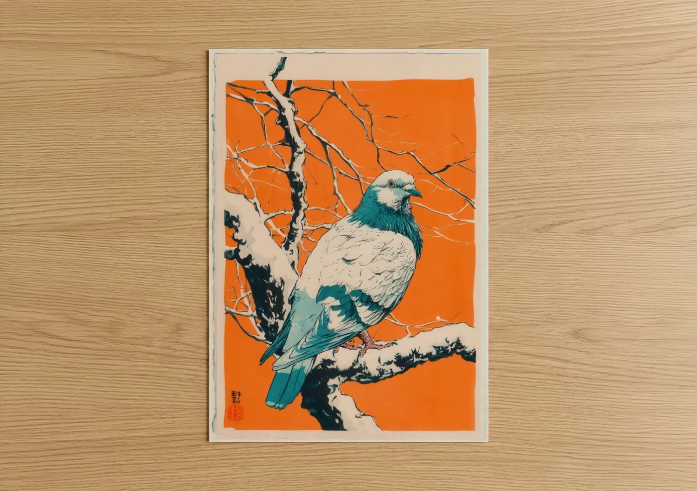 Turquoise Pigeon Orange Branch Wall Art