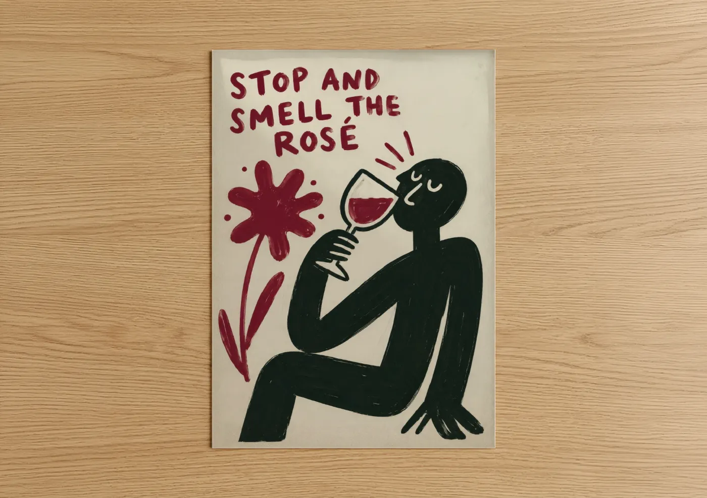 Roses art print on warm oak wood — black and white and maroon palette — Stop and Smell the Rose Wine Wall Art poster
