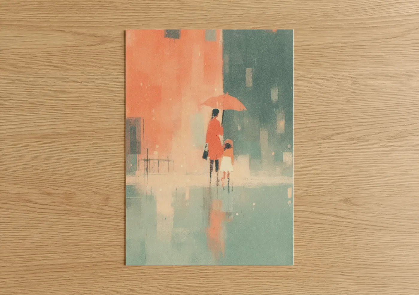 Mother's day art print on warm oak wood — peach and teal palette — Rainy Day Bond poster
