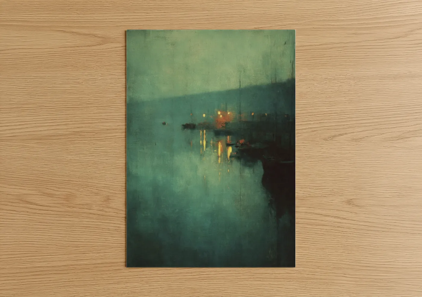Port art print on warm oak wood — teal and gold palette — Misty Harbor Lights poster