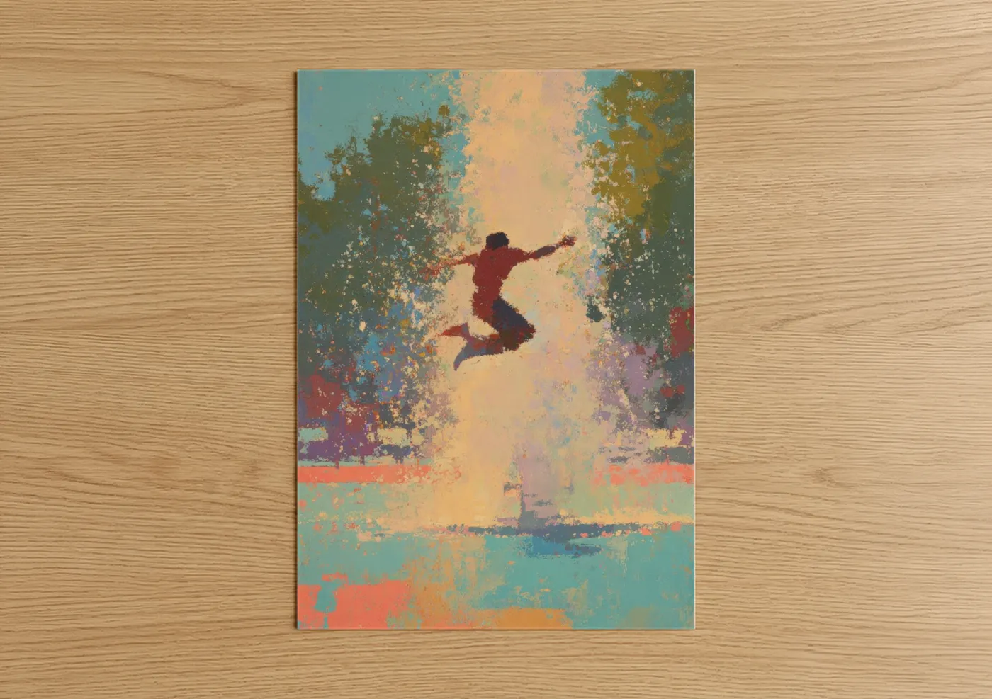 Street dance art print on warm oak wood — teal and yellow gold palette — Urban Leap poster