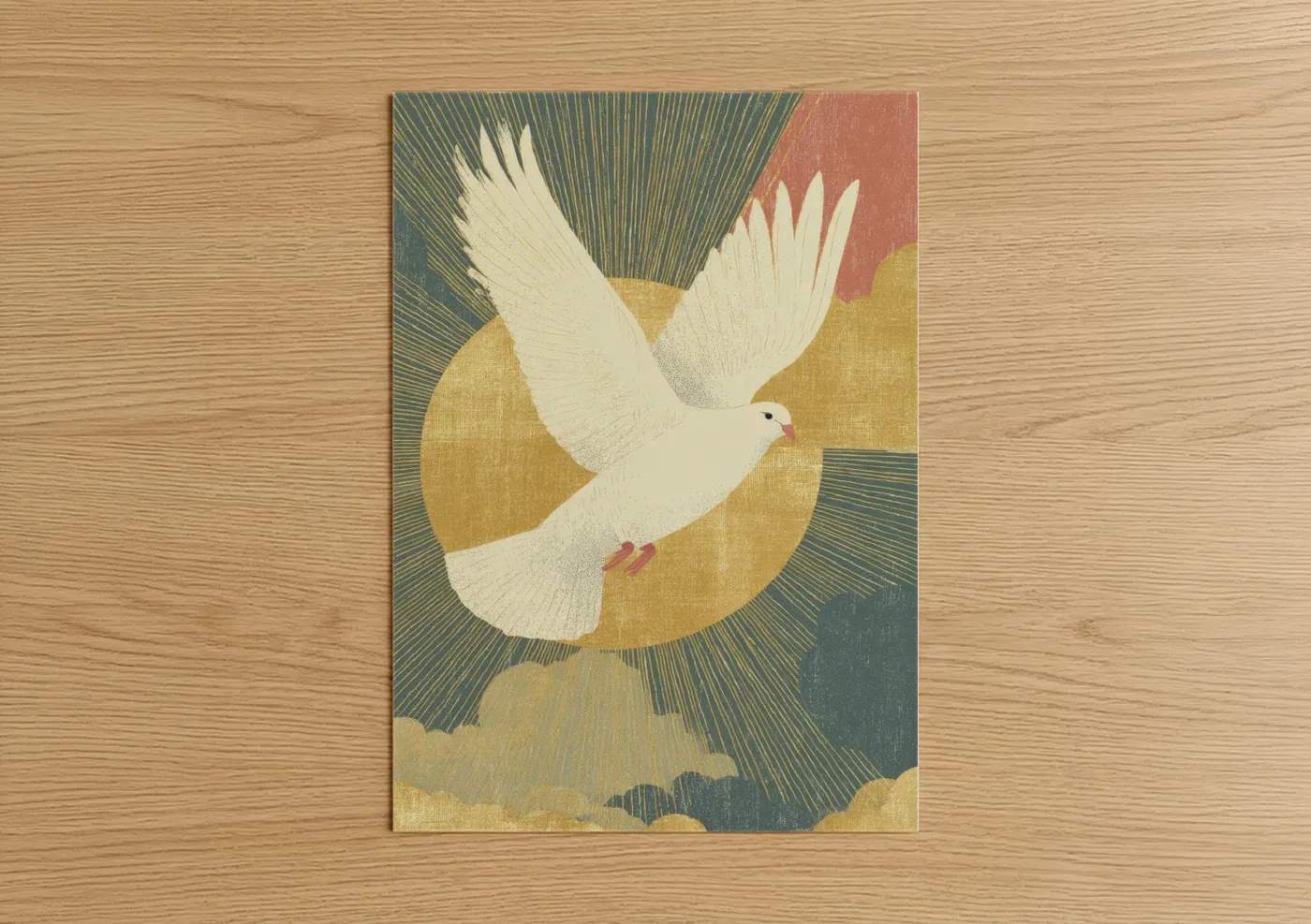 Christian symbols art print on warm oak wood — yellow gold and blue and gray palette — Heavenly Peace Dove poster