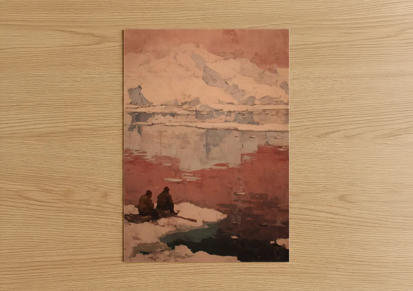 Art print on warm oak wood — champagne gold and dove gray palette — Snowy Glacier Reflection poster