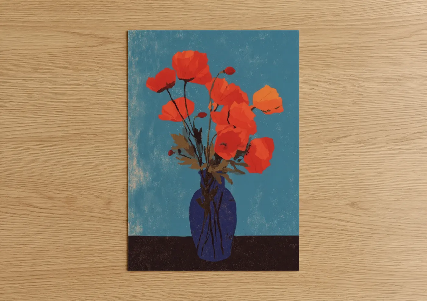 Red Poppies in Blue Vase Modern Wall Art