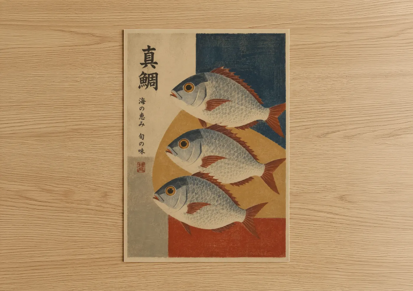 Salt water fish art print on warm oak wood — blue and beige palette — Japanese Sea Bream Trio Wall Art poster