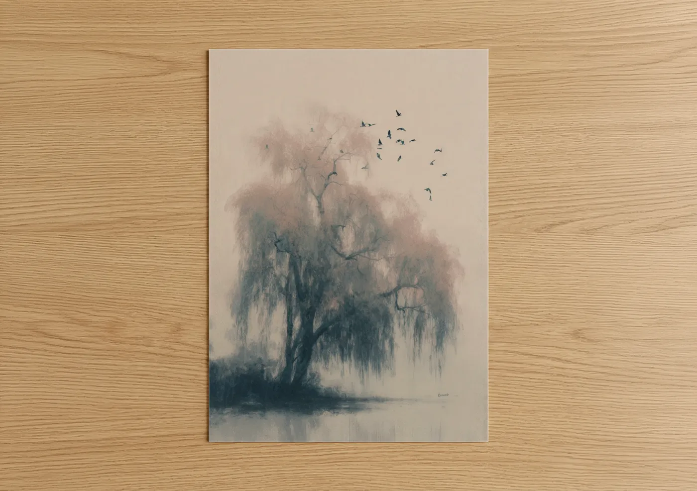 Misty Willow Tree Reflection Watercolor Wall Art