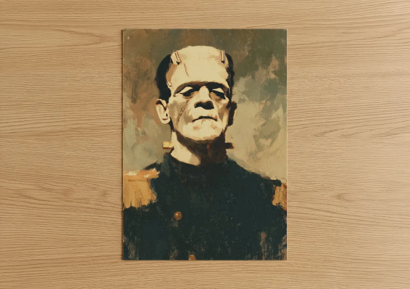 Halloween art print on warm oak wood — brown and cream palette — Frankenstein Portrait poster