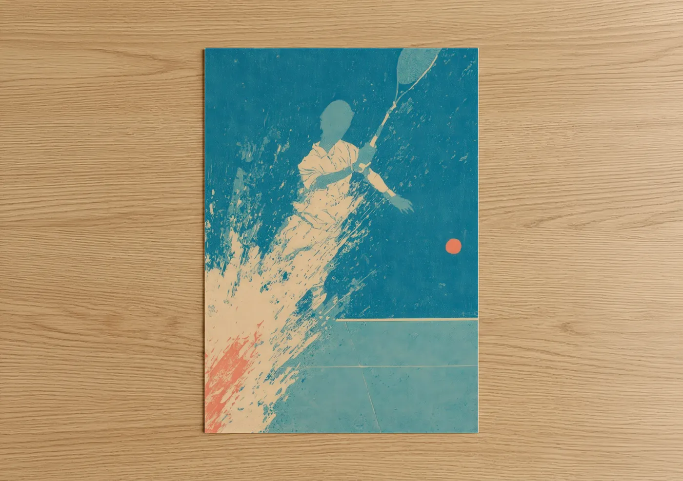 Art print on warm oak wood — turquoise and cream palette — Aerial Racquetball poster