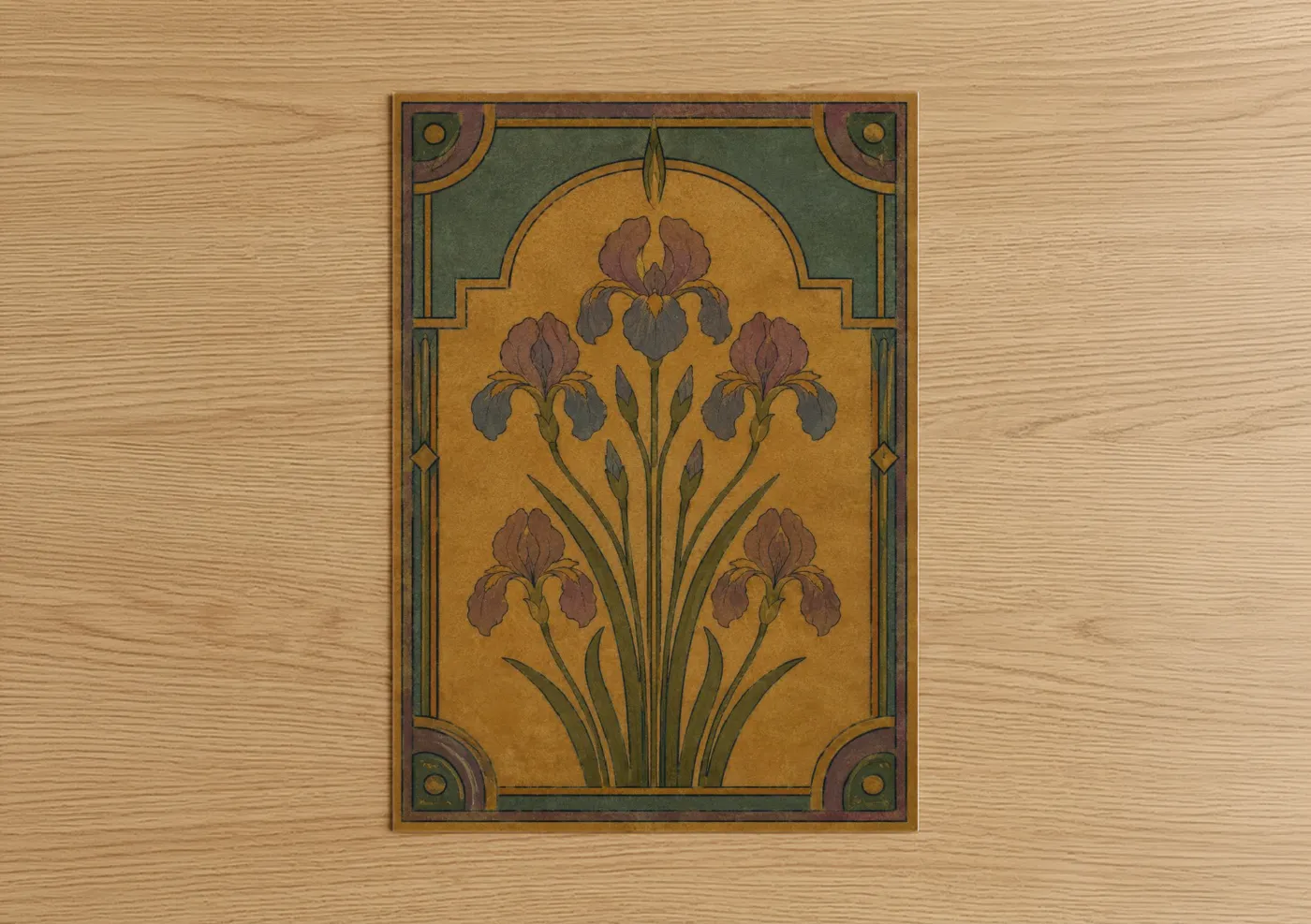 Art print on warm oak wood — gold and purple palette — Art Deco Iris Botanical Wall Art poster