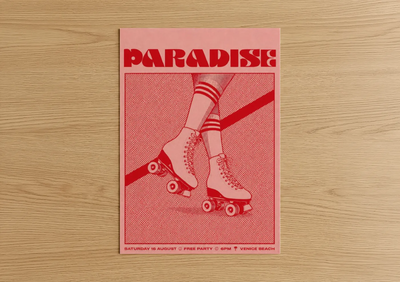 Roller skating art print on warm oak wood — red and pink palette — Retro Roller Skate Paradise Wall Art poster