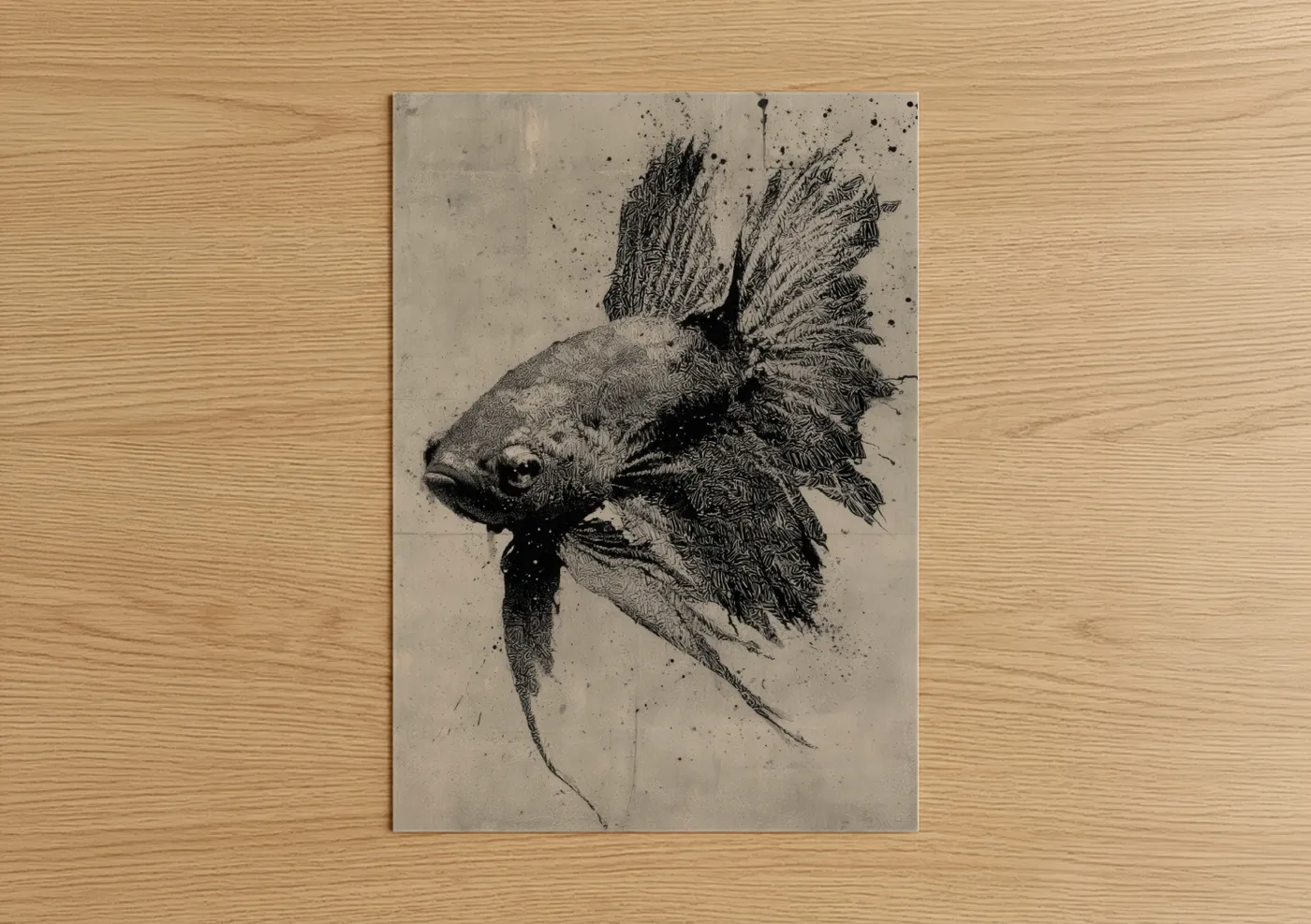 Ink Fighting Fish Black and White Art Wall Art