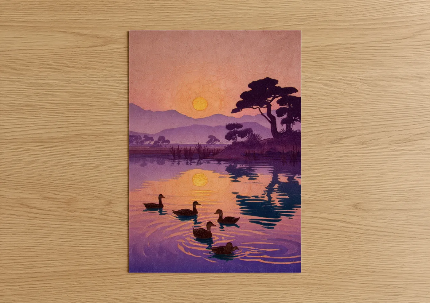 Golden Sunset Ducks Lake Reflection Wall Art