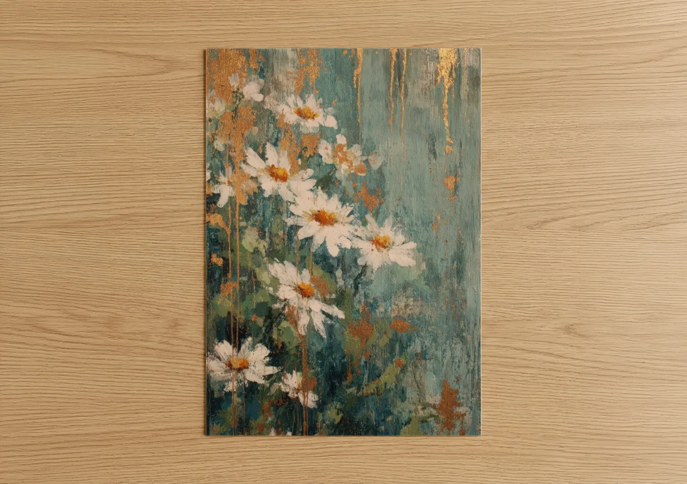 Art print on warm oak wood — teal and gold palette — Rustic Daisy Garden poster