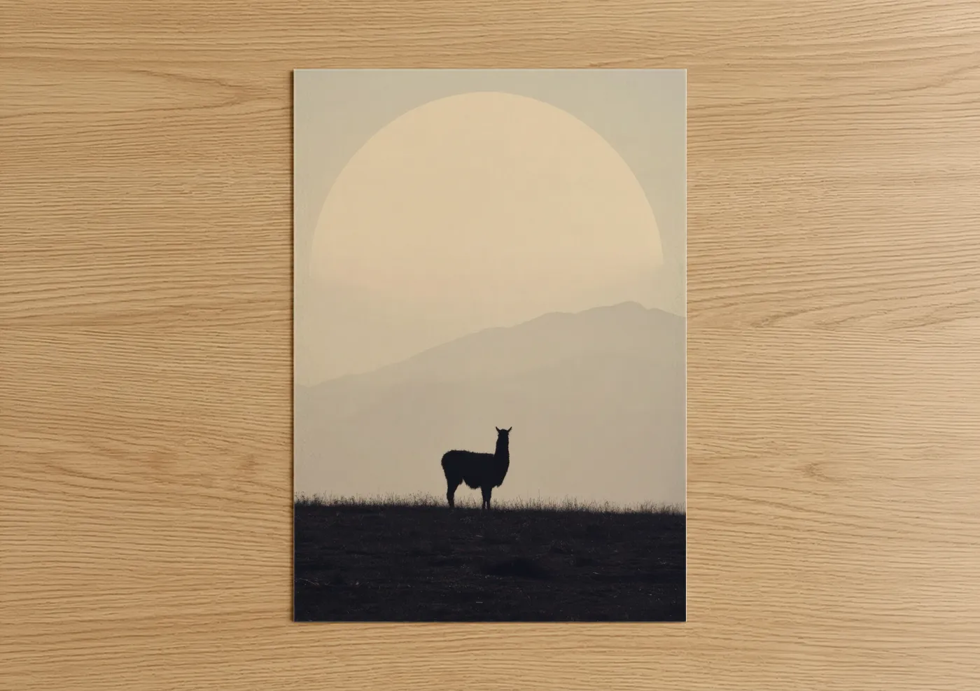 Art print on warm oak wood — cream and dove gray palette — Desert Alpaca poster