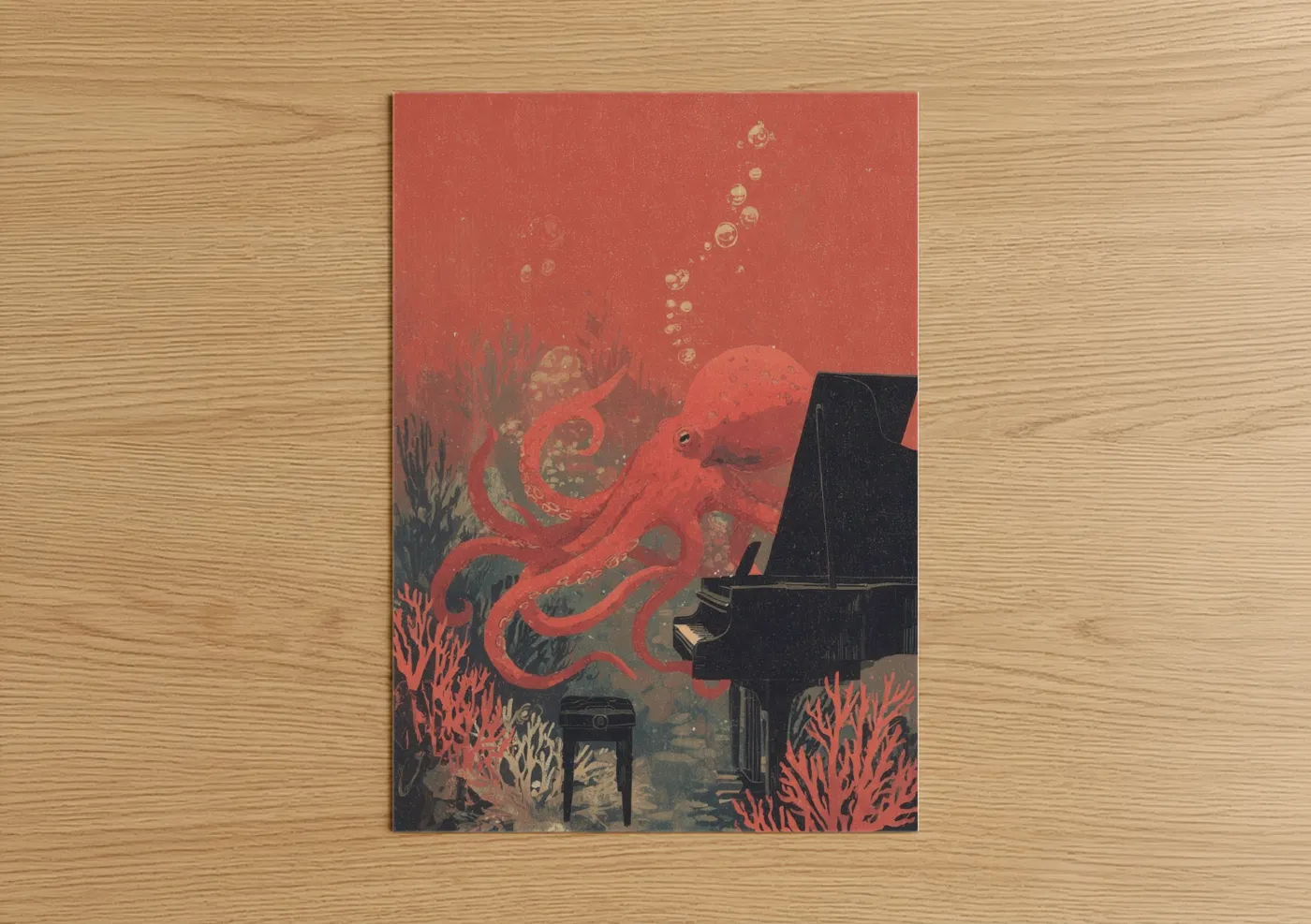 Art print on warm oak wood — red and gold palette — Crimson Octopus Pianist poster