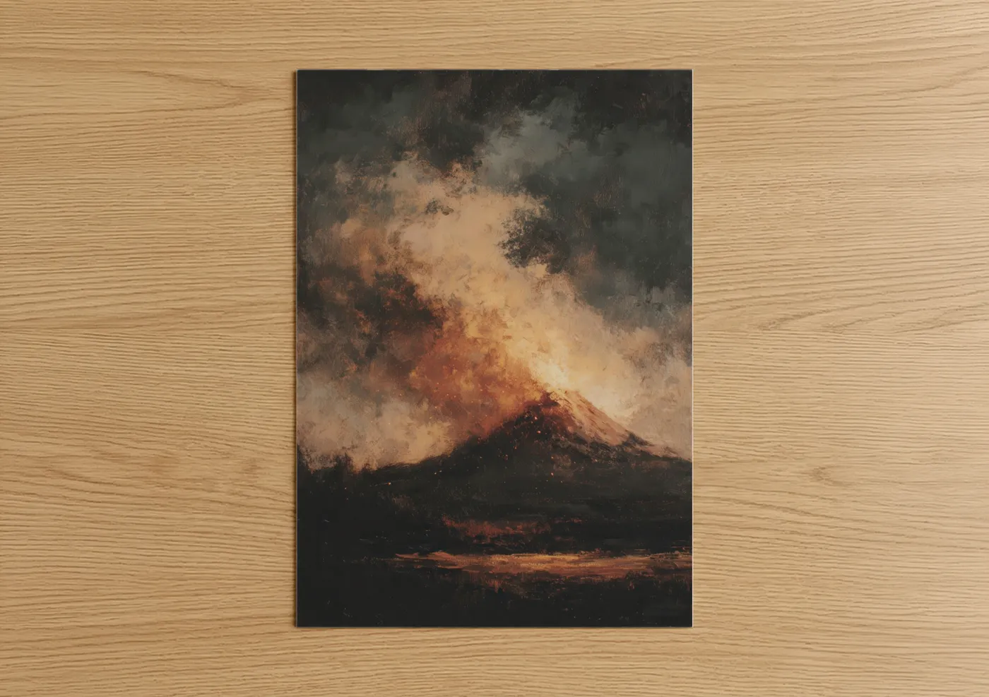 Art print on warm oak wood — gold and black palette — Erupting Volcano poster