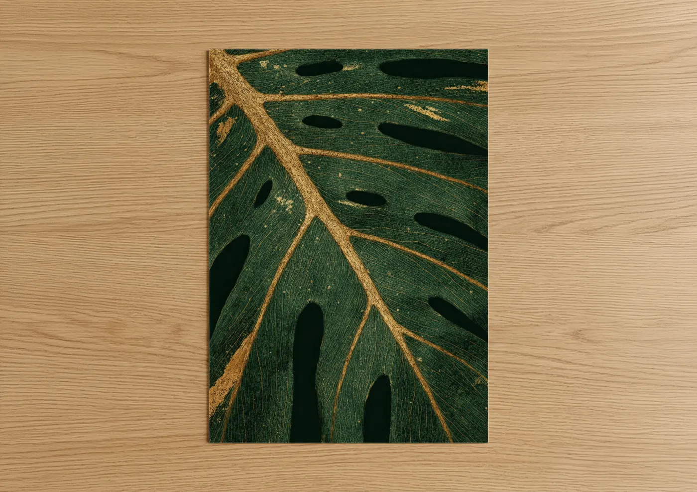 Leaf art print on warm oak wood — dark green and gold palette — Monstera Green Detail poster