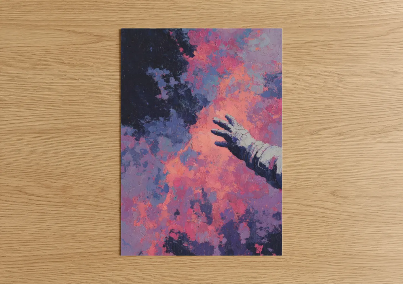 Astronaut art print on warm oak wood — magenta and blue palette — Cosmic Explorer poster