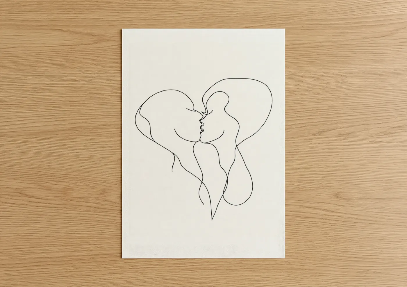 Couple art print on warm oak wood — black and white palette — Minimalist Kiss poster