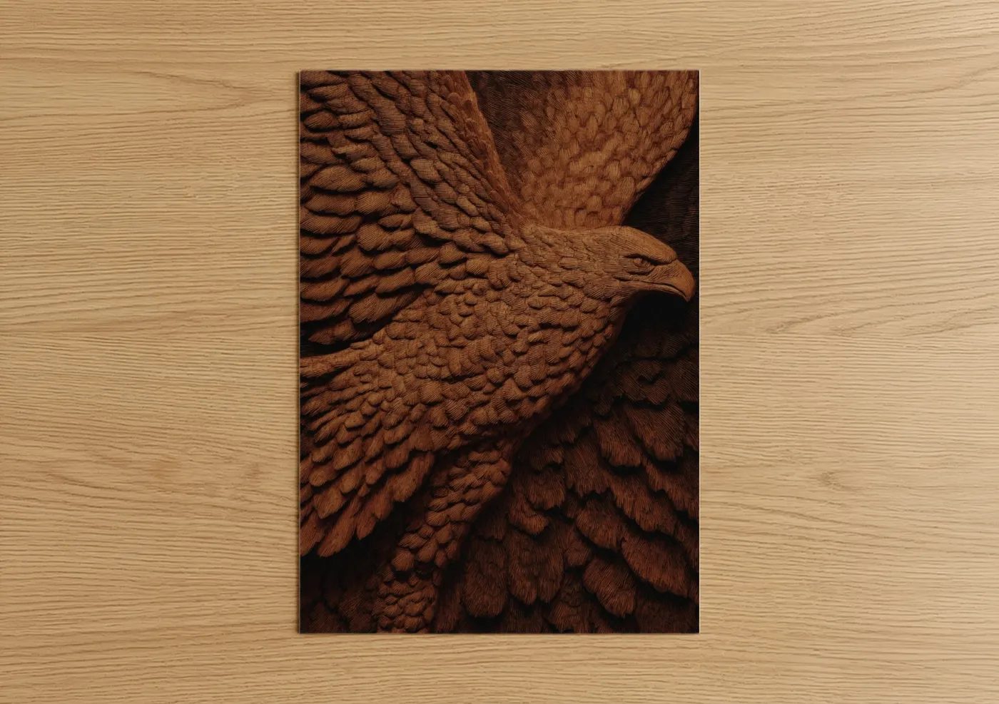 Woodcarving art print on warm oak wood — brown and gold palette — Soaring Eagle poster