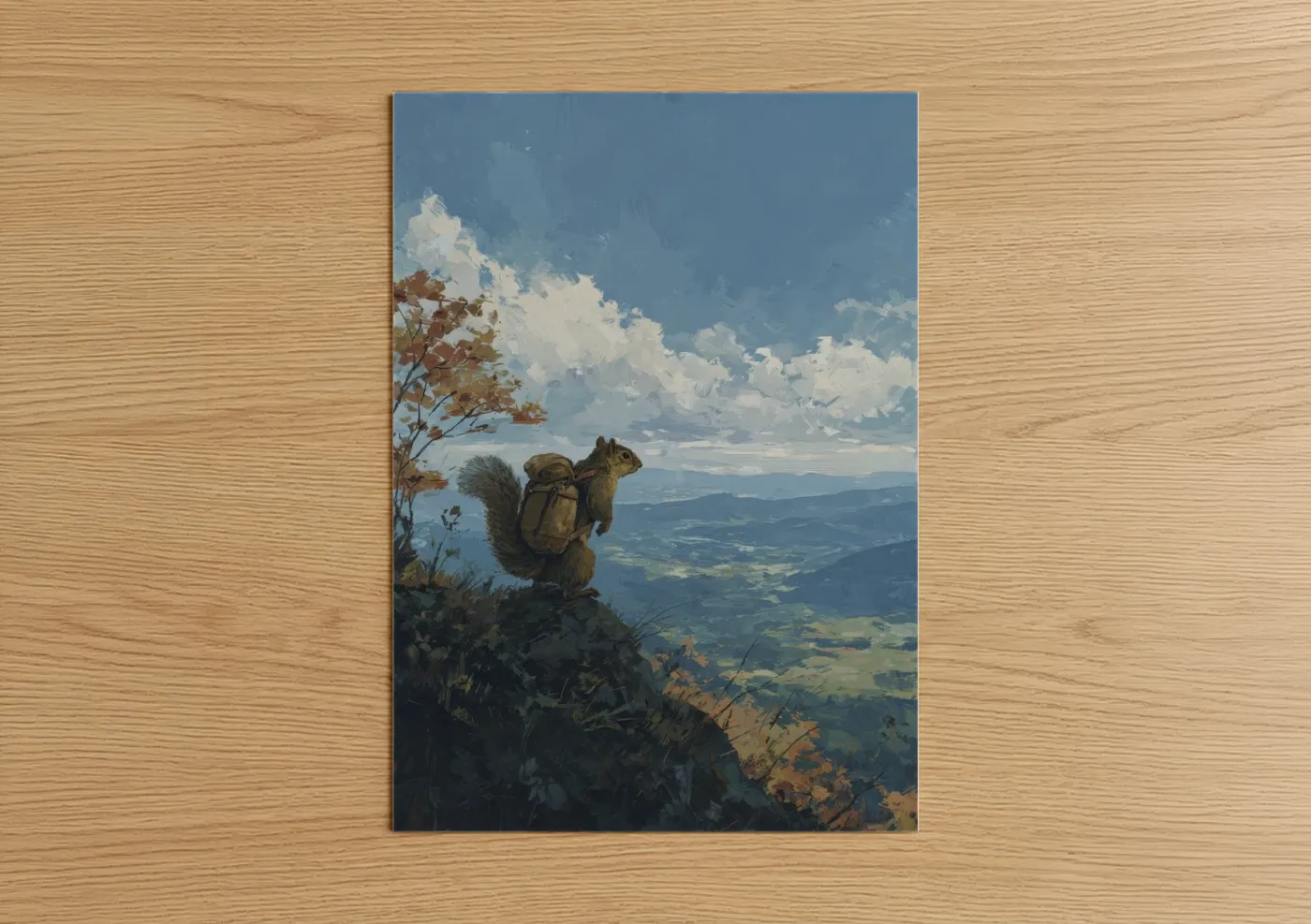 Art print on warm oak wood — blue and gold palette — Mountain Adventurer Squirrel poster