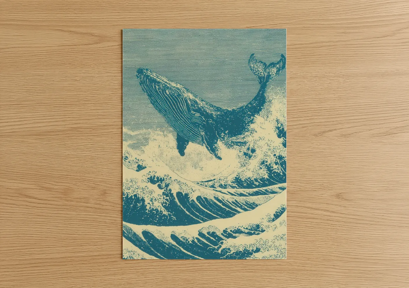 Sperm whale art print on warm oak wood — teal and cream palette — Ocean Wave Whale poster
