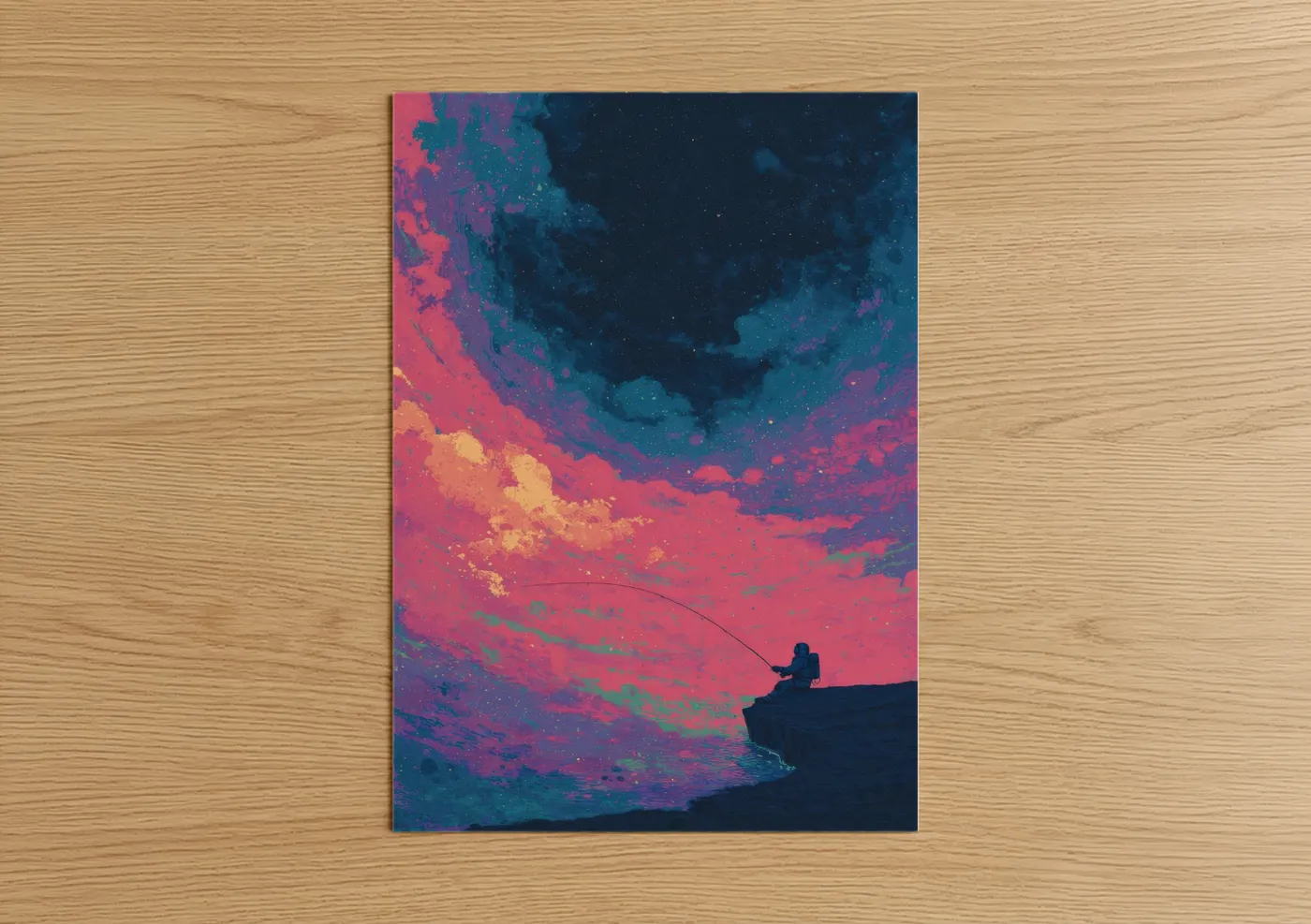 Astronaut art print on warm oak wood — magenta and blue palette — Cosmic Fisherman poster