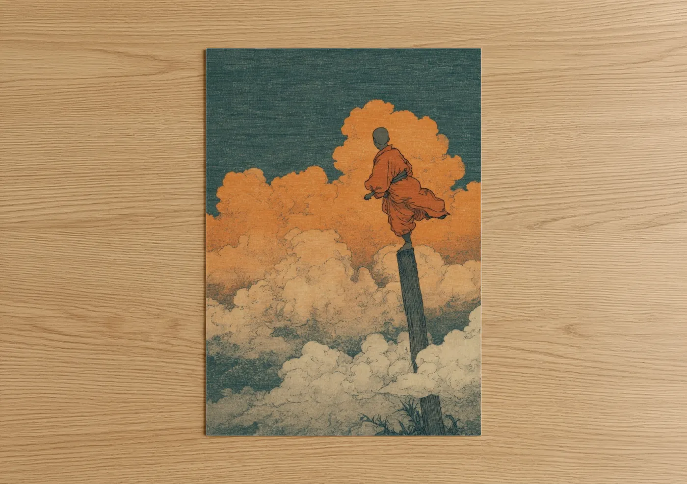 Kung fu art print on warm oak wood — teal and gold palette — Cloud Warrior poster