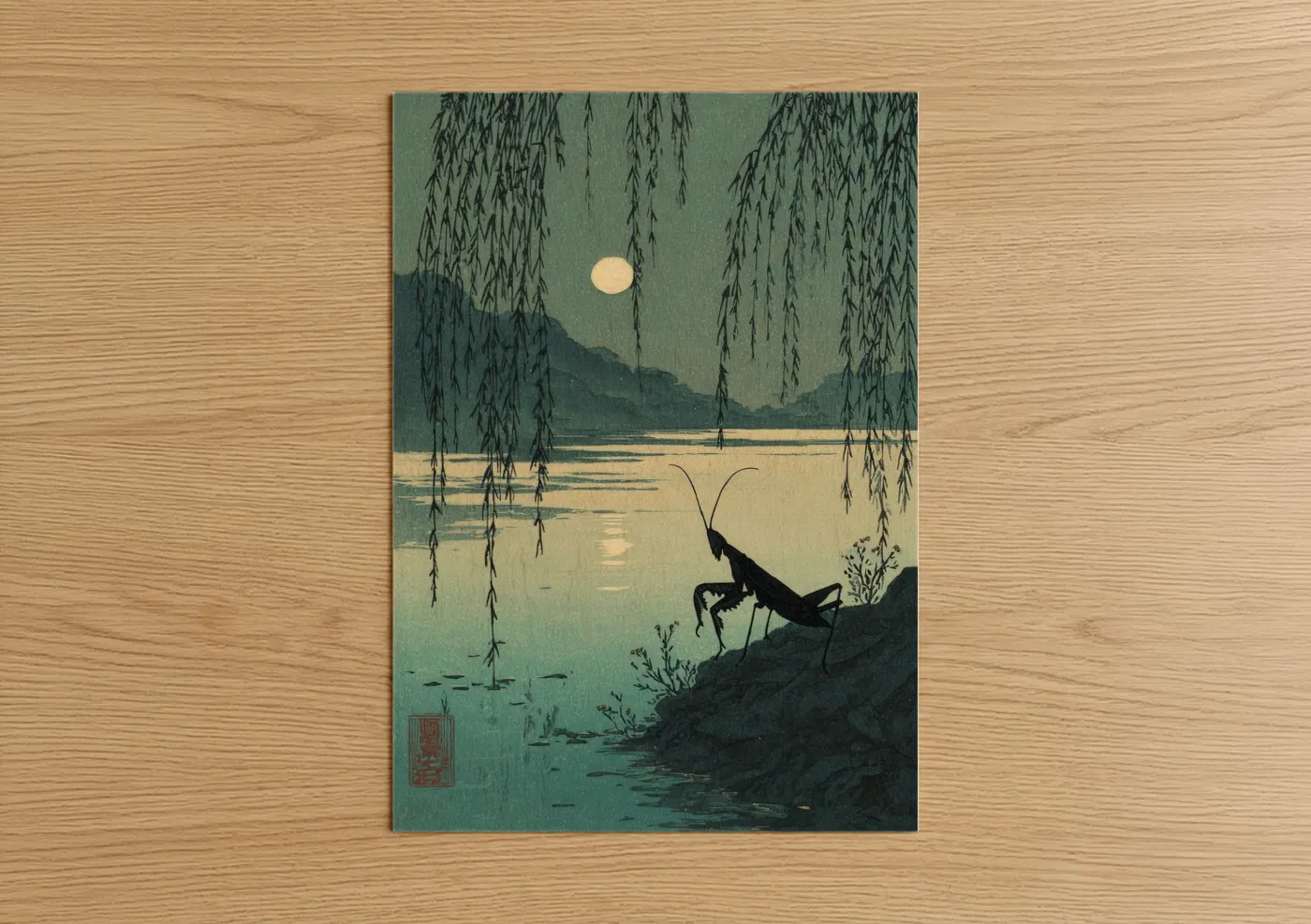 Prayin mantis art print on warm oak wood — sage green and cream palette — Moonlit Mantis poster