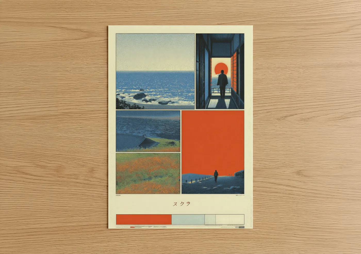 Japanese y2k art print on warm oak wood — blue and red palette — Solitary Sunset poster