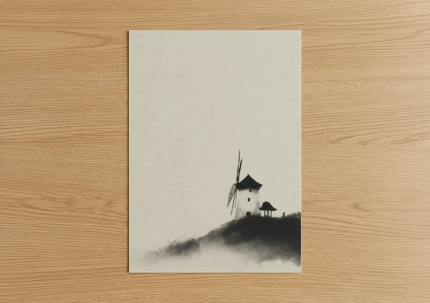 Windmill in Mist Minimalist Ink Wall Art