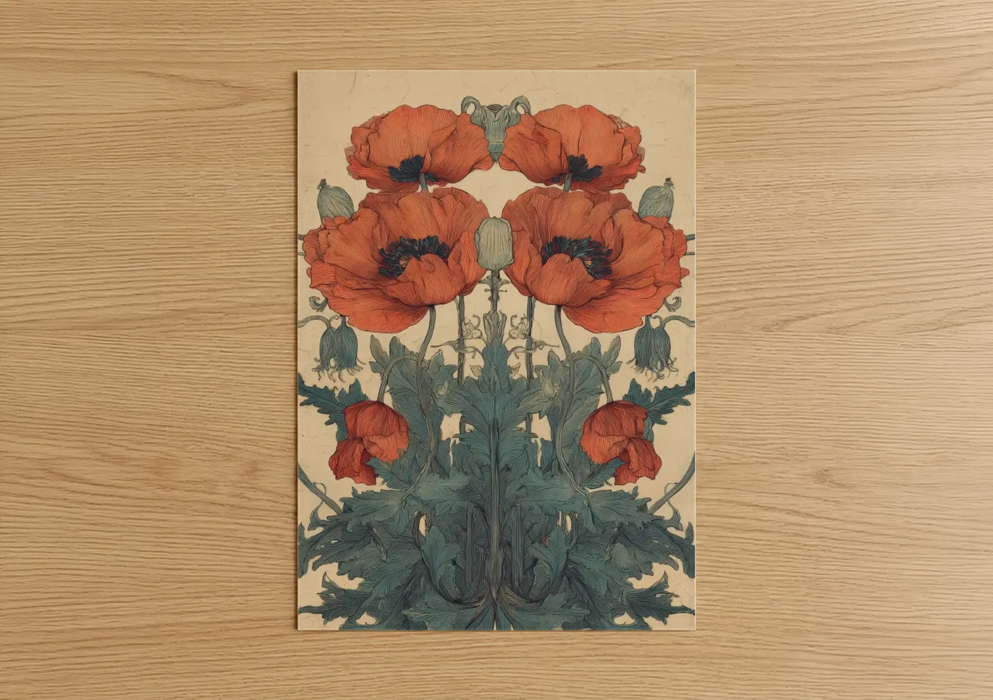 Symmetrical Red Poppies Art Deco Wall Art