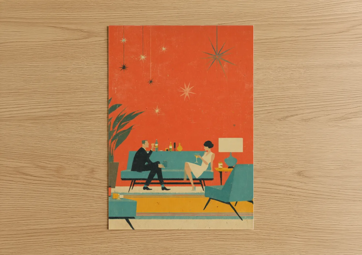 New years eve art print on warm oak wood — orange and teal palette — Retro New Year's Eve poster