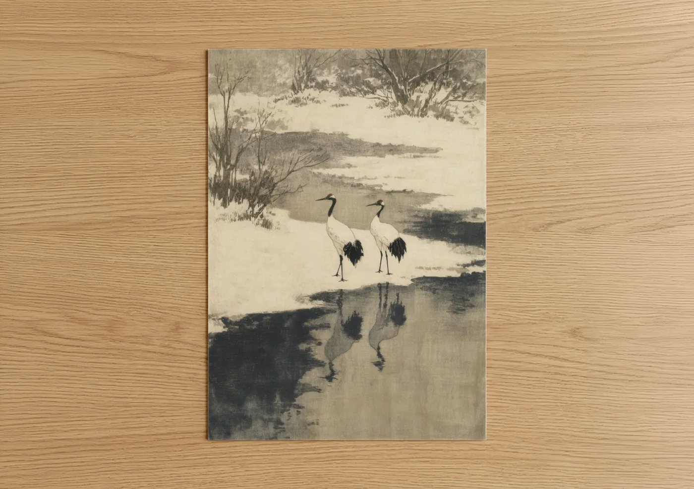 Two Cranes Winter Riverside Watercolor Wall Art