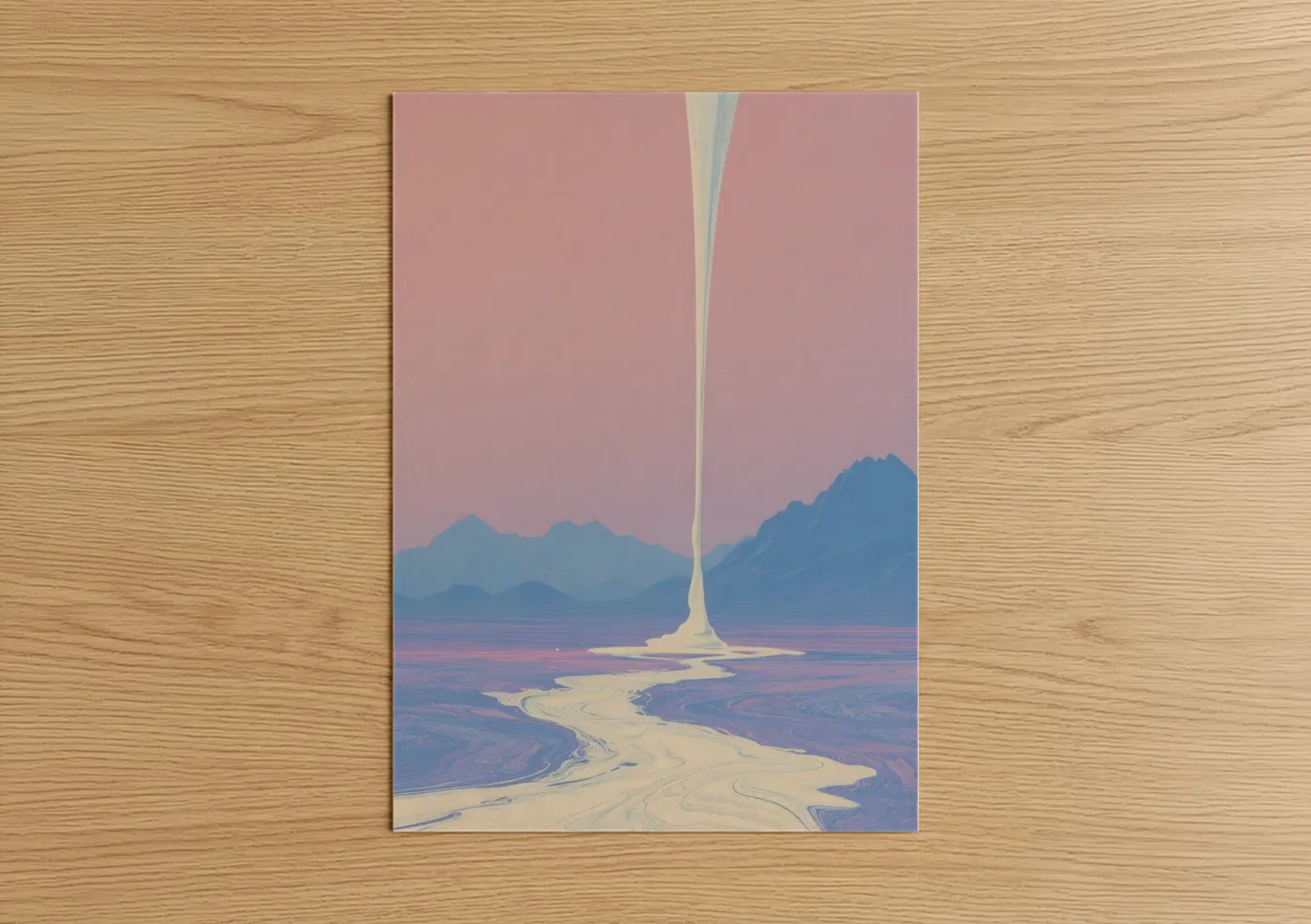 Fast food art print on warm oak wood — rose gold and blue palette — Surreal Noodle poster