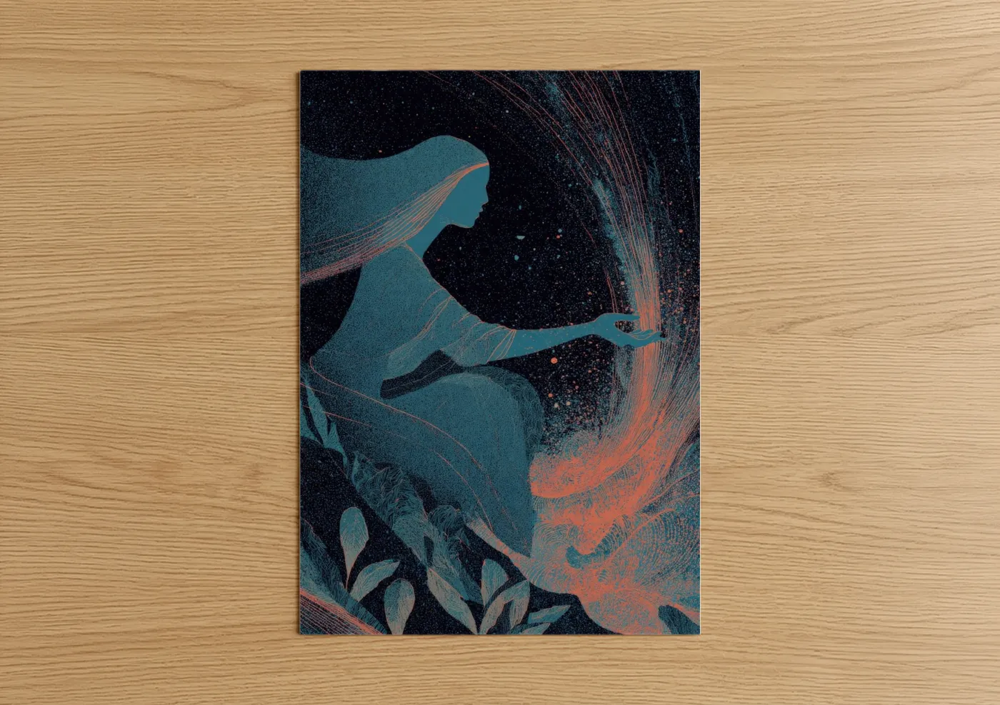 Magic and witchcraft art print on warm oak wood — dark blue and teal palette — Cosmic Sorceress poster