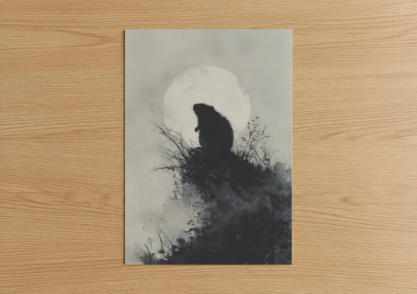 Moonlit Beaver Silhouette Watercolor Wall Art