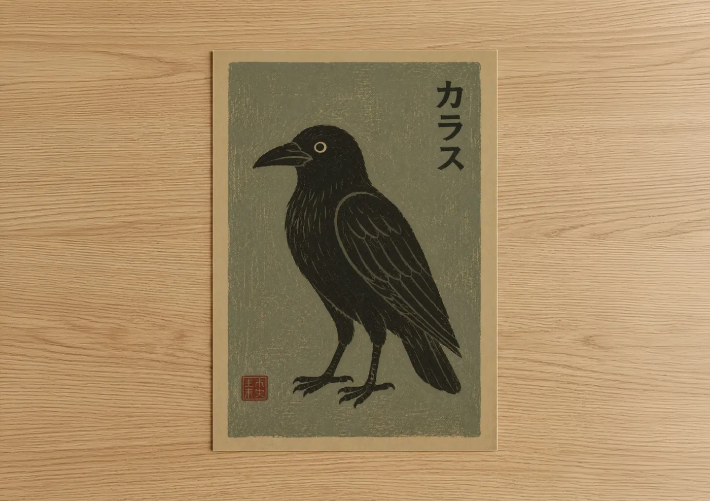 Crows and ravens art print on warm oak wood — black and beige palette — Japanese Crow Woodblock Wall Art poster
