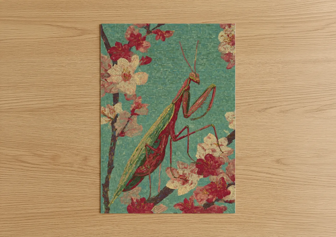 Crimson Praying Mantis Floral Mosaic Wall Art