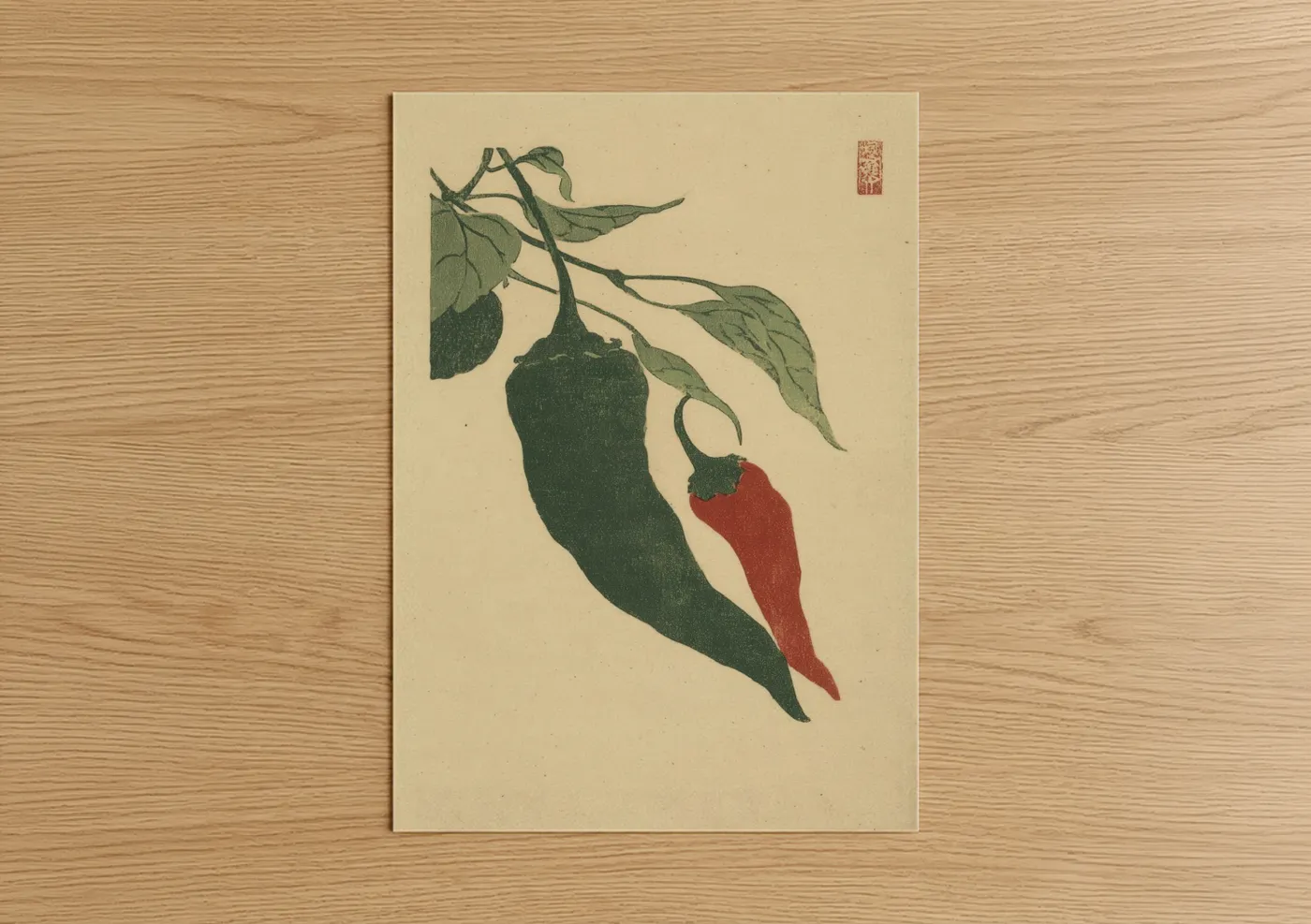 Vegetable art print on warm oak wood — dark green and red palette — Chili Pepper Study poster