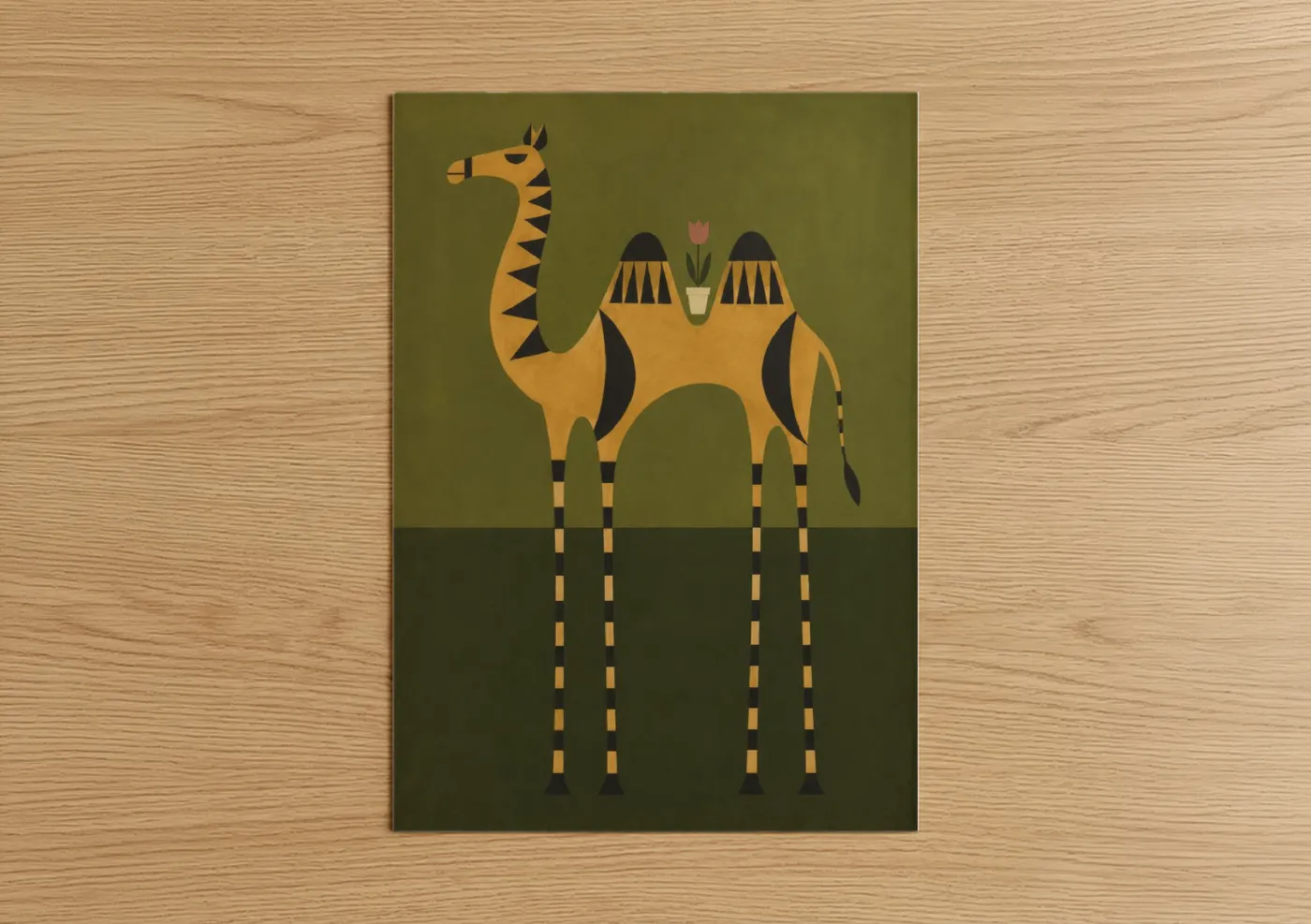 Art print on warm oak wood — olive and mustard palette — Geometric Camel With Tulip Wall Art poster