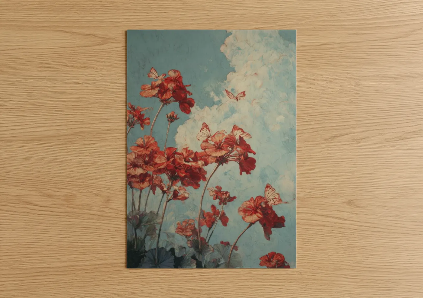 Red Geranium Butterflies Vintage Floral Wall Art
