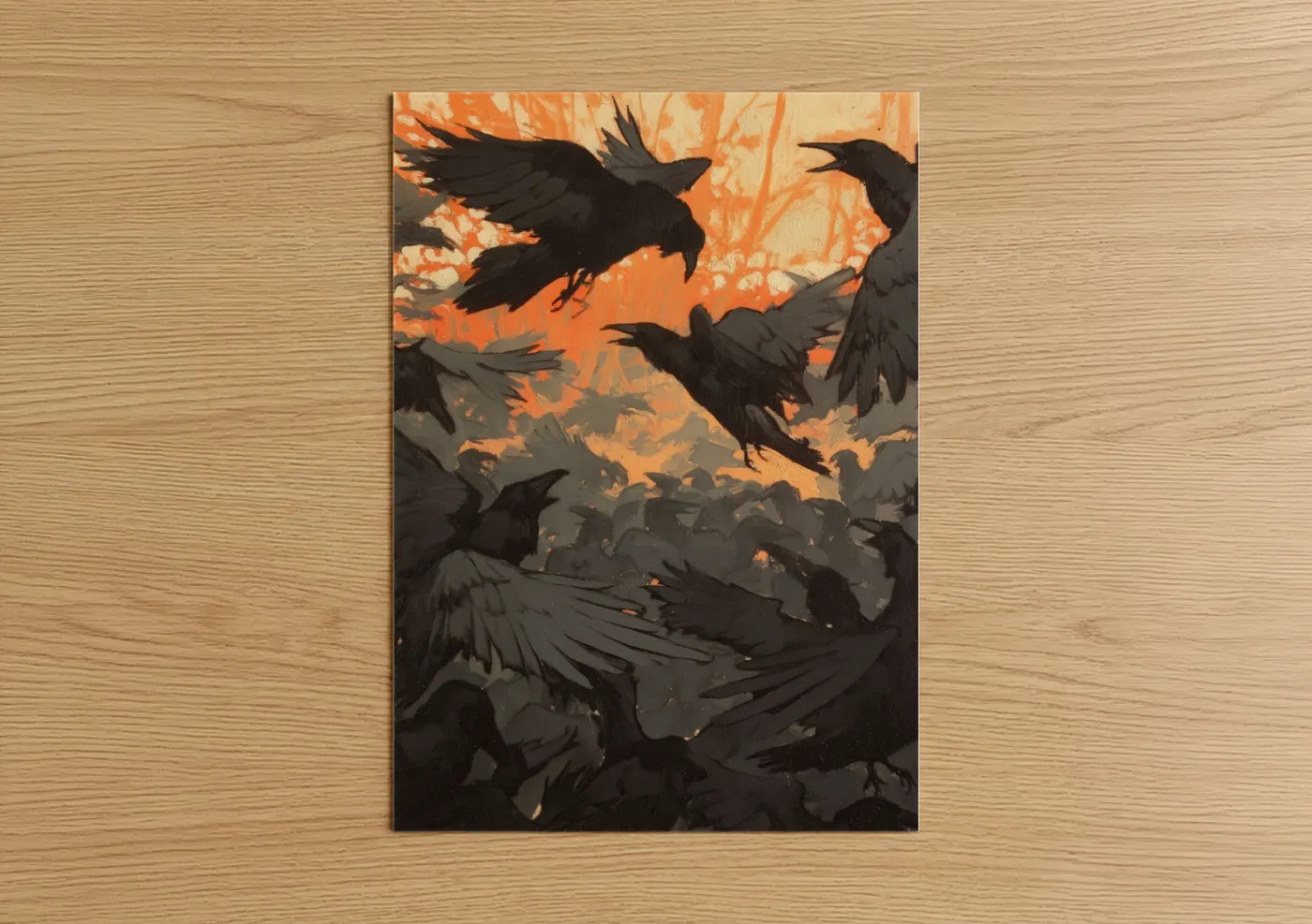 Crows and ravens art print on warm oak wood — orange and black palette — Inferno Ravens poster