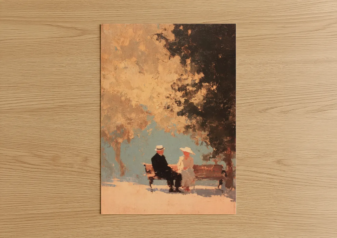 Couple art print on warm oak wood — gold and russet palette — Bench Conversation poster