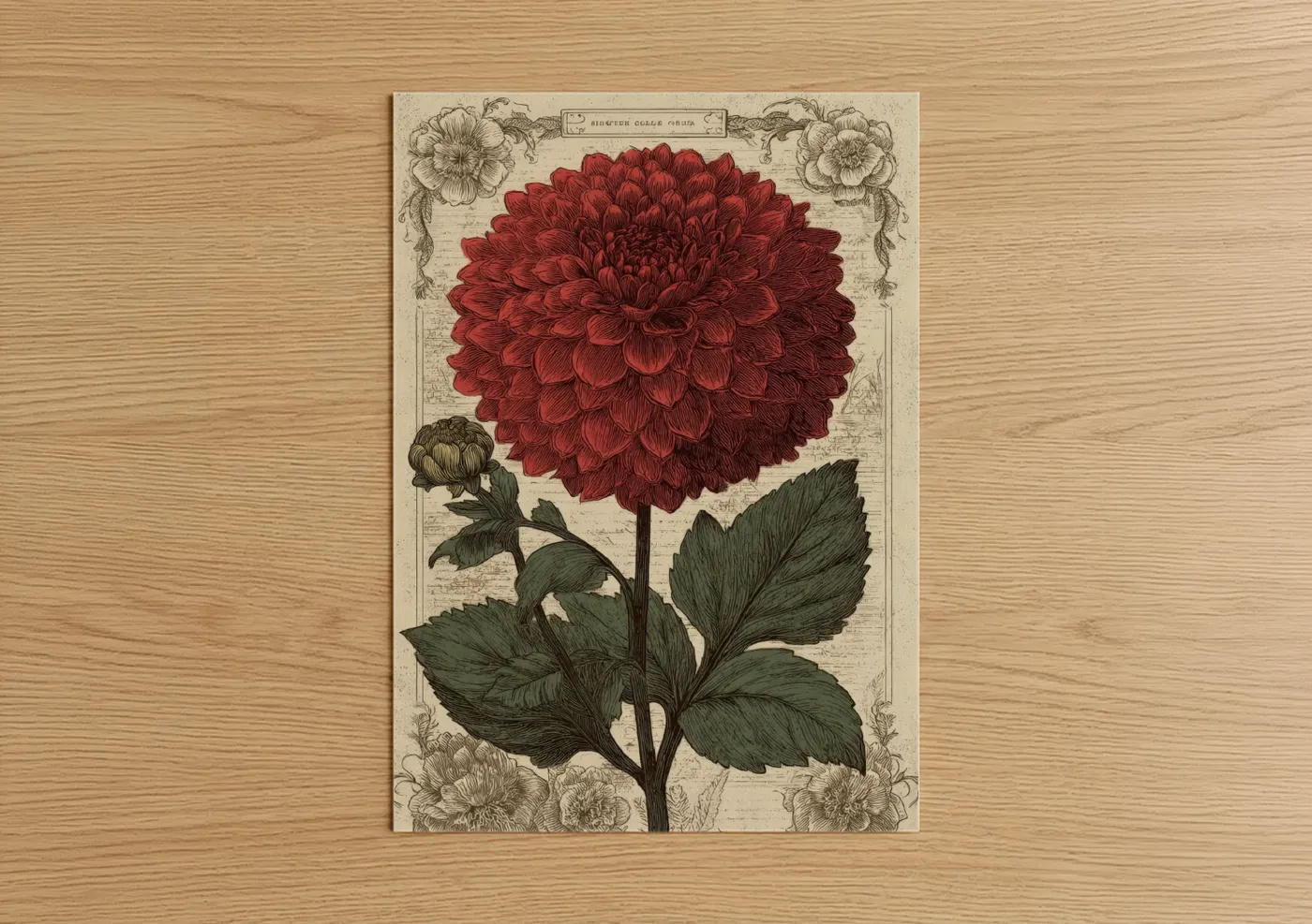 Crimson Dahlia Botanical Illustration Wall Art