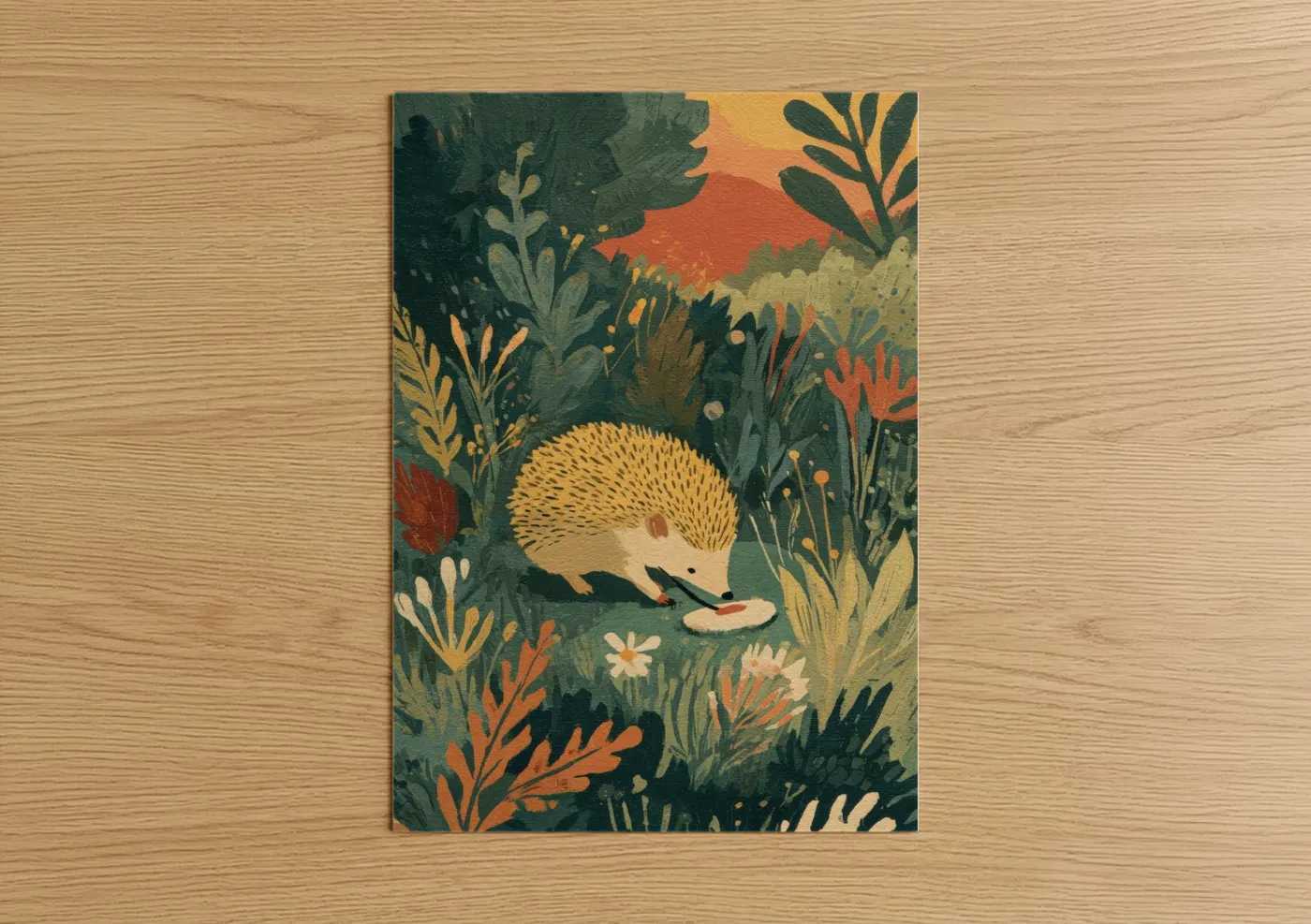Art print on warm oak wood — dark green and gold palette — Garden Hedgehog poster